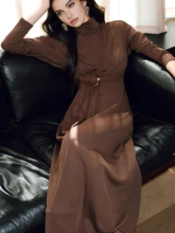 Sale Turtleneck Knotted Pleated Long Dress Cocktail & Party Dresses|Long Dresses