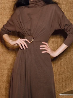 Sale Turtleneck Knotted Pleated Long Dress Cocktail & Party Dresses|Long Dresses