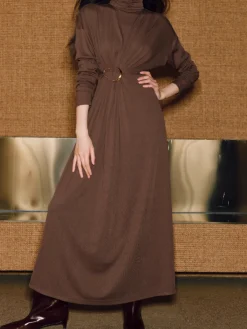 Sale Turtleneck Knotted Pleated Long Dress Cocktail & Party Dresses|Long Dresses