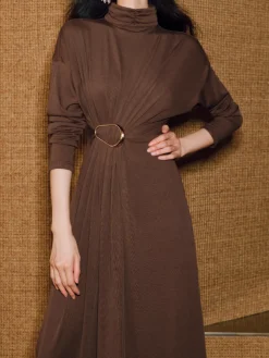 Sale Turtleneck Knotted Pleated Long Dress Cocktail & Party Dresses|Long Dresses