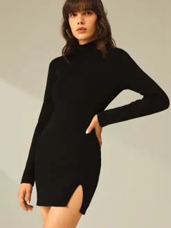 Online Turtleneck Long Sleeve Mini Dress with Slit and Ribbed Paneling Black Dresses|Sweater Dresses