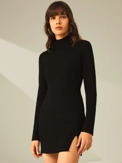 Online Turtleneck Long Sleeve Mini Dress with Slit and Ribbed Paneling Black Dresses|Sweater Dresses