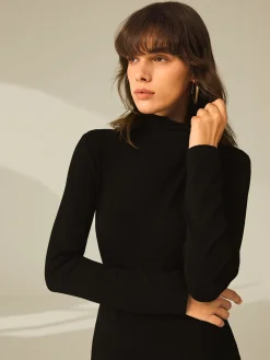 Online Turtleneck Long Sleeve Mini Dress with Slit and Ribbed Paneling Black Dresses|Sweater Dresses