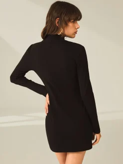 Online Turtleneck Long Sleeve Mini Dress with Slit and Ribbed Paneling Black Dresses|Sweater Dresses