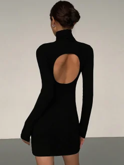 Clearance Turtleneck Open Back Long Sleeve Short Dress Black Dresses|Casual Dresses