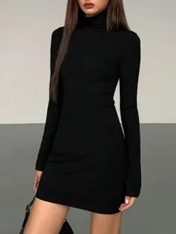 Clearance Turtleneck Open Back Long Sleeve Short Dress Black Dresses|Casual Dresses