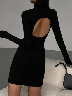 Clearance Turtleneck Open Back Long Sleeve Short Dress Black Dresses|Casual Dresses