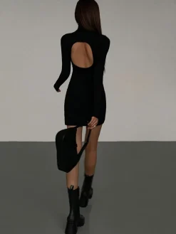 Clearance Turtleneck Open Back Long Sleeve Short Dress Black Dresses|Casual Dresses