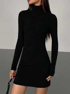 Clearance Turtleneck Open Back Long Sleeve Short Dress Black Dresses|Casual Dresses