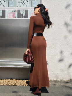 Hot Turtleneck Pinstripe Jersey Dress Without Belt Casual Dresses|Work Dresses