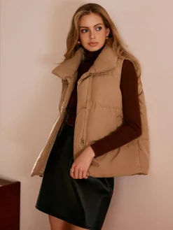 Online Turtleneck Quilted Zipper Vest Outerwear|Vests
