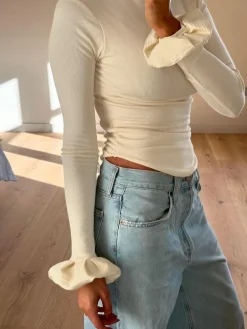 Online Turtleneck Ribbed Ruffle Sleeve Blouse Blouses & Shirts|Tops