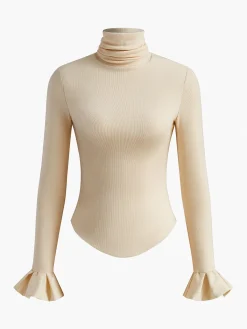Online Turtleneck Ribbed Ruffle Sleeve Blouse Blouses & Shirts|Tops