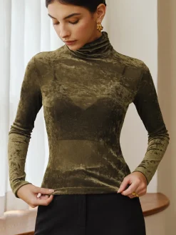 Best Turtleneck Semi-Sheer Velvet Top T-shirts|Tops