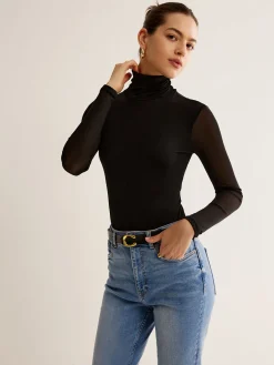 Turtleneck Sheer Sleeve Jersey Top T-shirts|Tops