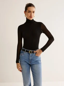 Turtleneck Sheer Sleeve Jersey Top T-shirts|Tops