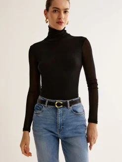 Turtleneck Sheer Sleeve Jersey Top T-shirts|Tops