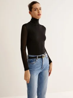 Turtleneck Sheer Sleeve Jersey Top T-shirts|Tops