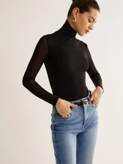 Turtleneck Sheer Sleeve Jersey Top T-shirts|Tops
