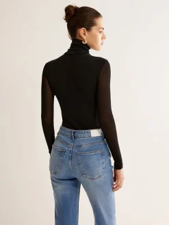 Turtleneck Sheer Sleeve Jersey Top T-shirts|Tops