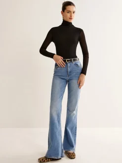 Turtleneck Sheer Sleeve Jersey Top T-shirts|Tops