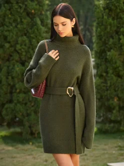 Clearance Turtleneck Sweater Short Dress With Belt Knitwear|Dresses