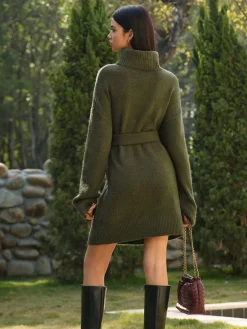 Clearance Turtleneck Sweater Short Dress With Belt Knitwear|Dresses