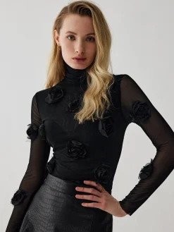 Sale Turtleneck Three Dimensional Flower Decor Shirt T-shirts|Tops