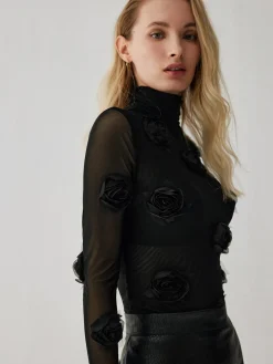 Sale Turtleneck Three Dimensional Flower Decor Shirt T-shirts|Tops