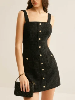 New Tweed Breasted Tank Short Dress Black Dresses|Casual Dresses