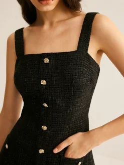 New Tweed Breasted Tank Short Dress Black Dresses|Casual Dresses