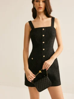 New Tweed Breasted Tank Short Dress Black Dresses|Casual Dresses