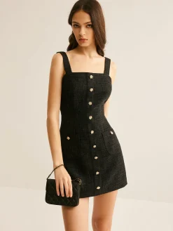 New Tweed Breasted Tank Short Dress Black Dresses|Casual Dresses