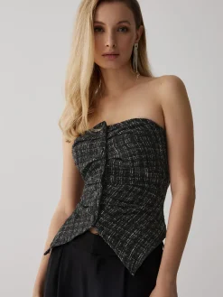 Online Tweed Button Ruched Tube Top Tank Tops & Camis|Tops