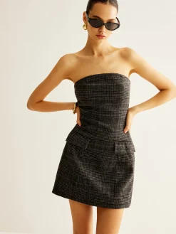 Clearance Tweed Checked Tube Short Dress Casual Dresses|Short Dresses