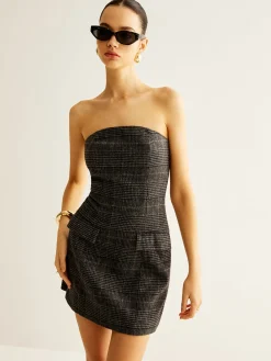 Clearance Tweed Checked Tube Short Dress Casual Dresses|Short Dresses