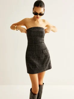 Clearance Tweed Checked Tube Short Dress Casual Dresses|Short Dresses