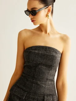 Clearance Tweed Checked Tube Short Dress Casual Dresses|Short Dresses