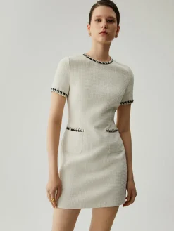 Sale Tweed Contrast Trim Pocket Mini Dress White Dresses|Casual Dresses