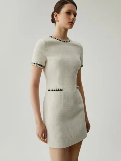 Sale Tweed Contrast Trim Pocket Mini Dress White Dresses|Casual Dresses