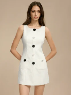 Hot Tweed 3D Flower Pockets Dress White Dresses|Casual Dresses