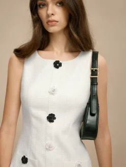Hot Tweed 3D Flower Pockets Dress White Dresses|Casual Dresses