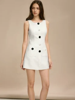 Hot Tweed 3D Flower Pockets Dress White Dresses|Casual Dresses