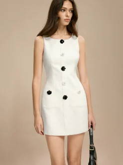 Hot Tweed 3D Flower Pockets Dress White Dresses|Casual Dresses