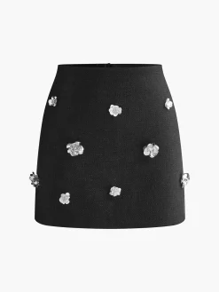 Hot Tweed Floral-Beaded Zipper Skirt Skirts|Bottoms