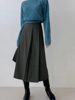 Clearance Tweed Pleated Button Midi Skirt Skirts|Bottoms