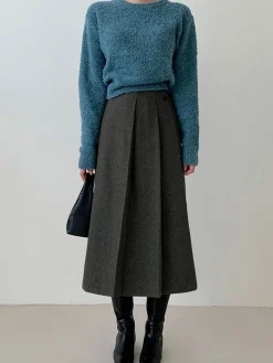 Clearance Tweed Pleated Button Midi Skirt Skirts|Bottoms