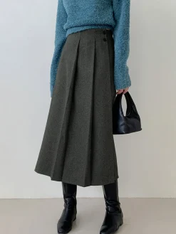 Clearance Tweed Pleated Button Midi Skirt Skirts|Bottoms