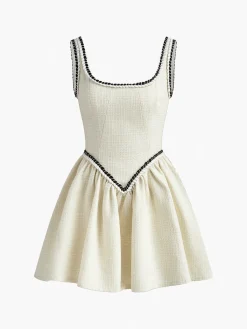 Sale Tweed Pleated Strappy Dress White Dresses|Casual Dresses