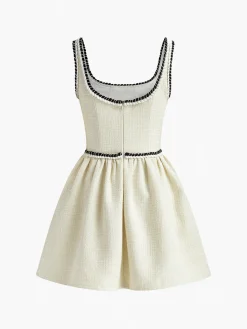 Sale Tweed Pleated Strappy Dress White Dresses|Casual Dresses